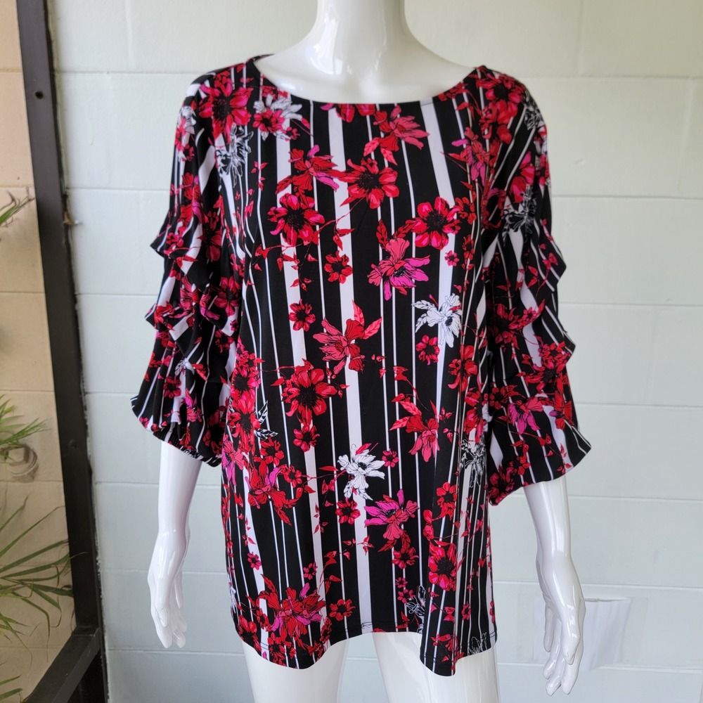 Slim Factor Top Floral‎ Striped Black Red Women L Ruffle Sleeve Career Boho